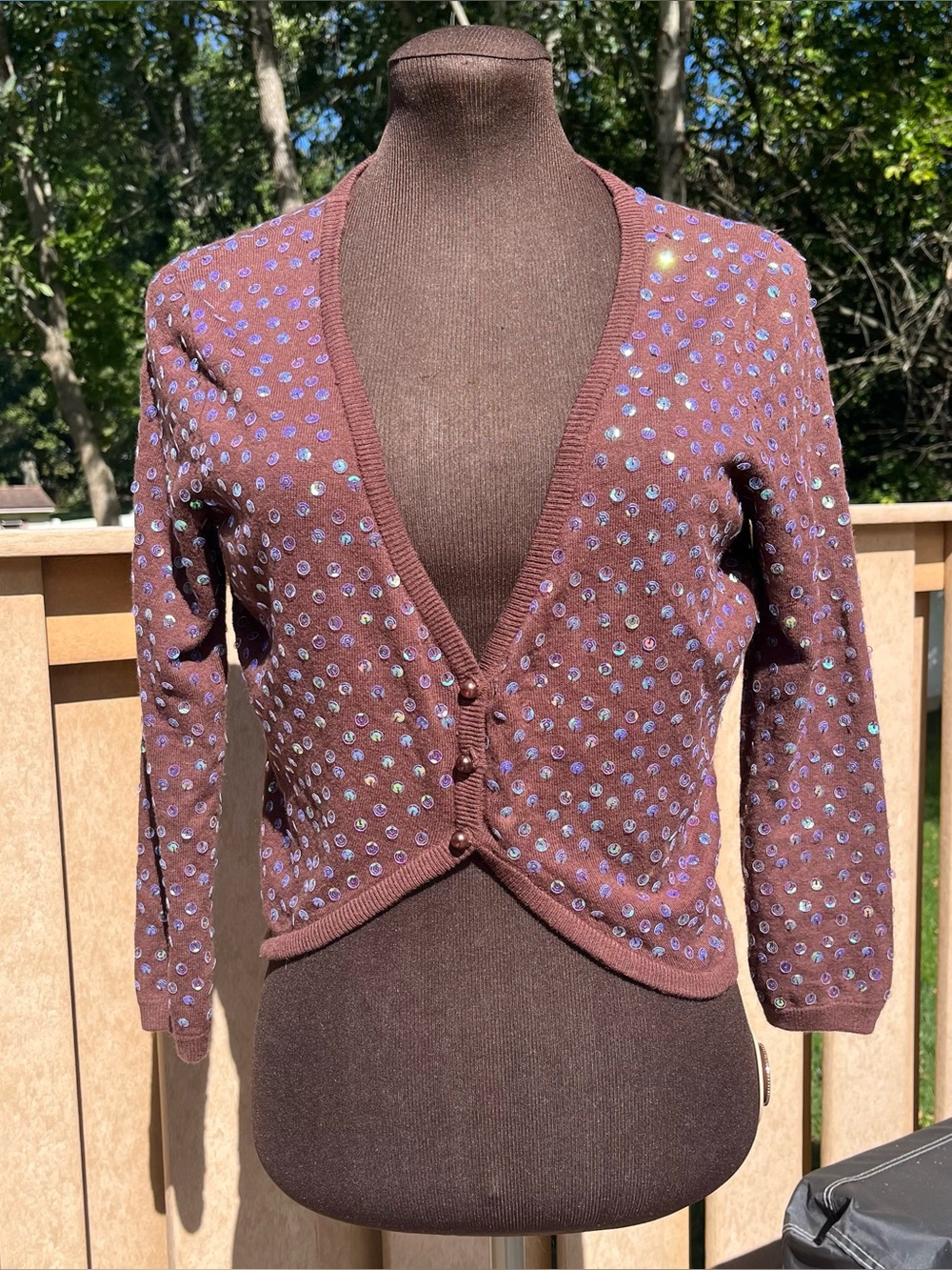 J.J. Basics Y2K Brown Sequin V-Neck Cropped Cardigan Sweater Size L Glam Party